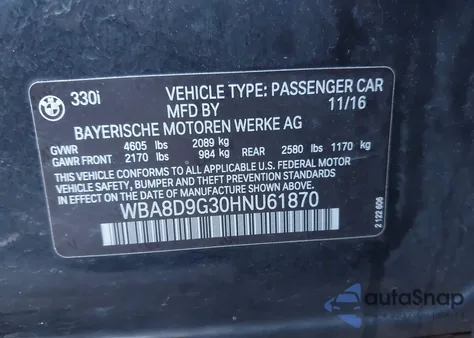 2017 BMW 330I xDrive z USA, uszkodzony, nr VIN WBA8D9G30HNU61870